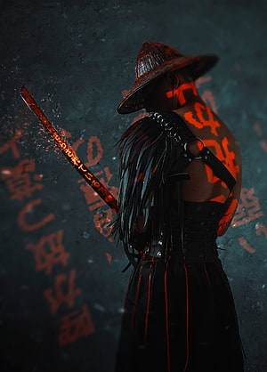 Cyber Samurai Warrior with Glowing Katana and Red Runes in Dark Fantasy Setting HD phone wallpaper
