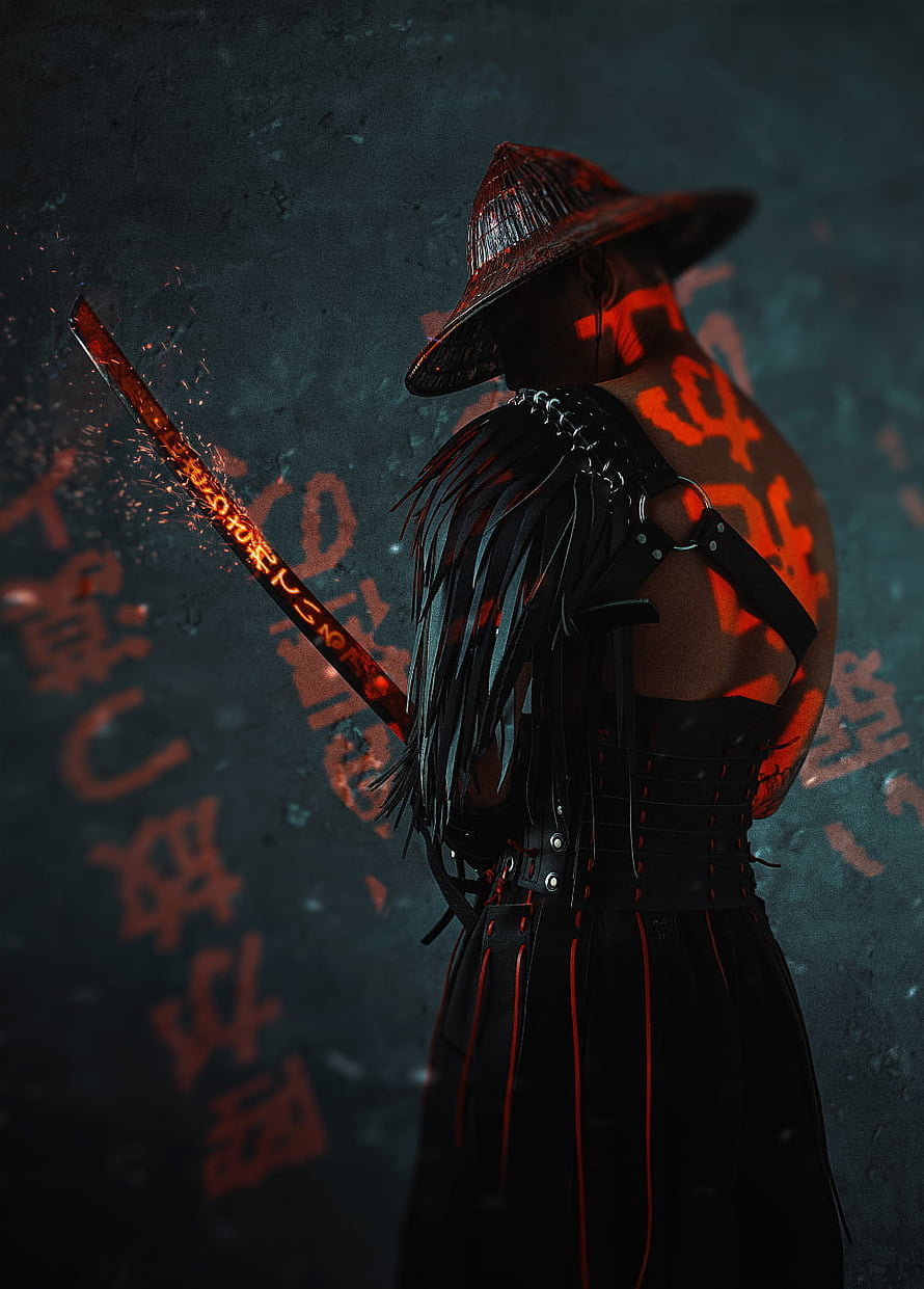 Cyber Samurai Warrior with Glowing Katana and Red Runes in Dark Fantasy Setting HD phone wallpaper