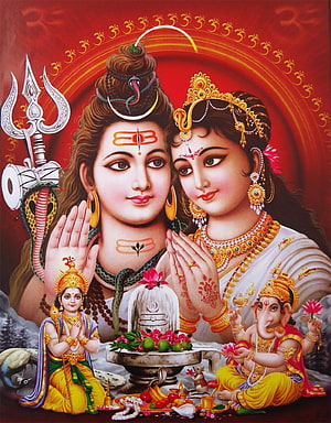 Lord Shiva and Parvati with Ganesha and Kartikeya in Traditional Indian Devotional Art HD phone wallpaper
