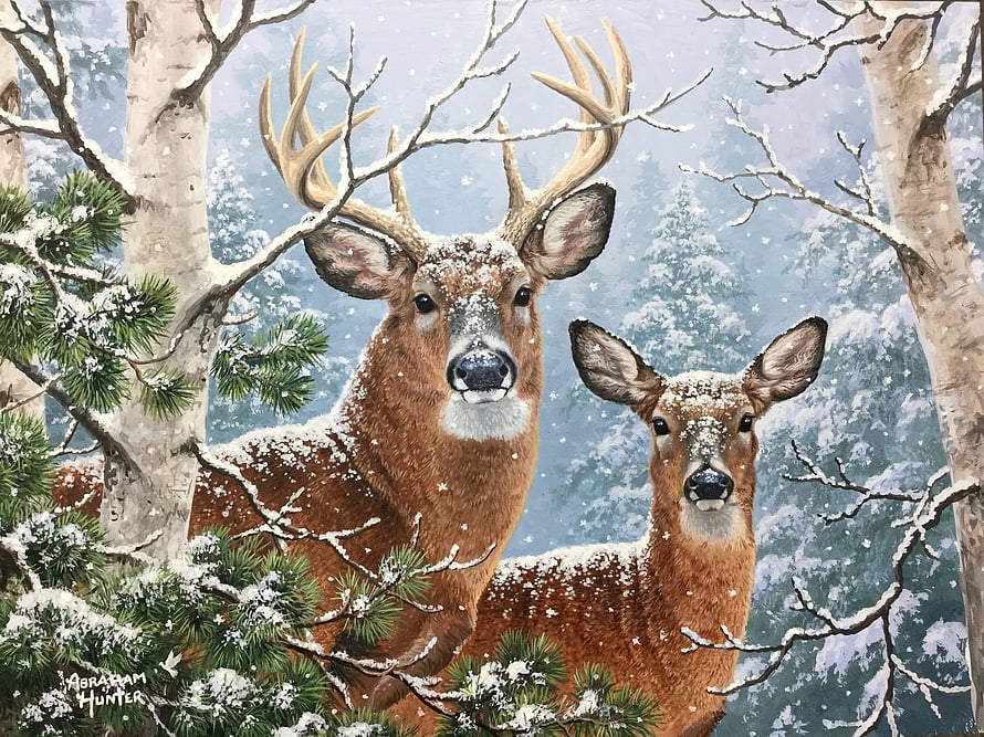 Whitetail Deer Pair in Snowy Winter Forest Painting HD wallpaper