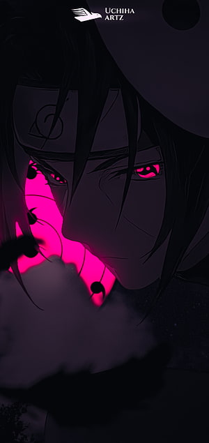 Itachi Uchiha Sharingan Close-Up in Dark Magenta Anime Style HD phone wallpaper