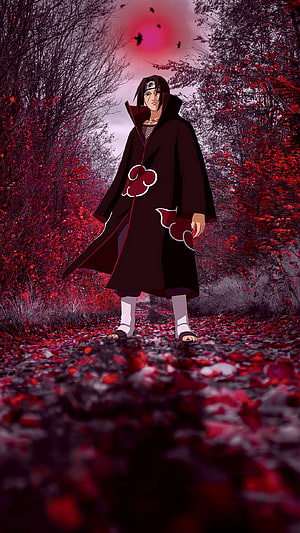 Itachi Uchiha in Akatsuki Cloak Standing in a Dark Forest with Red Foliage and a Blood Moon HD phone wallpaper