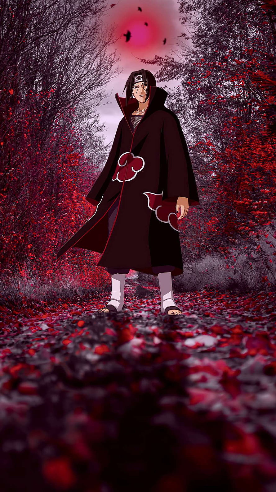 Itachi Uchiha in Akatsuki Cloak Standing in a Dark Forest with Red Foliage and a Blood Moon HD phone wallpaper