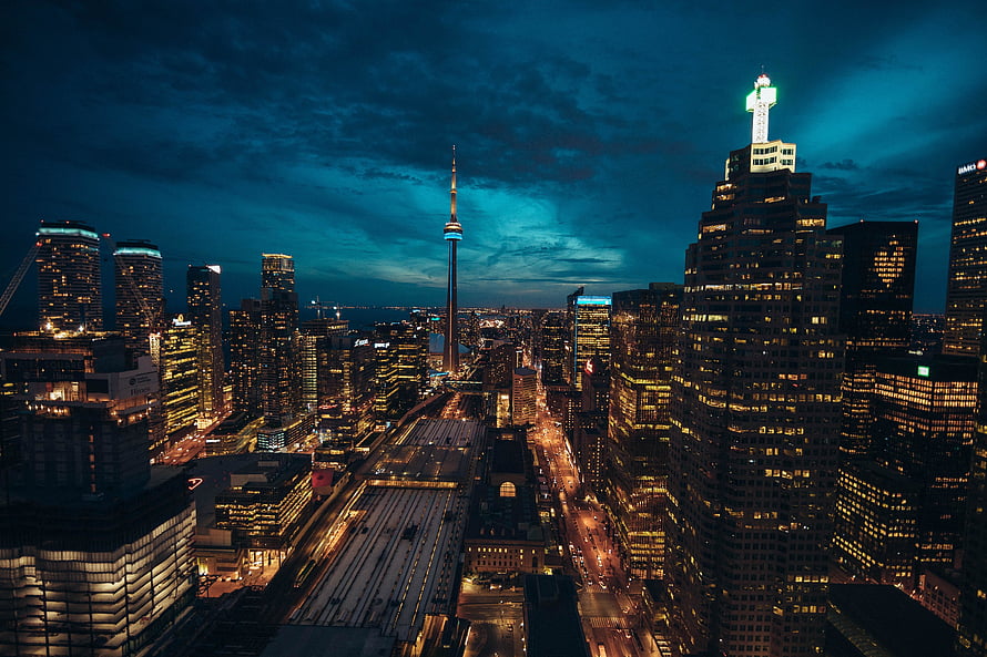Toronto Skyline at Night with CN Tower and Downtown Cityscape HD wallpaper