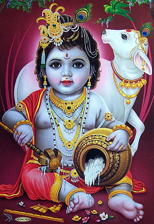 Bal Krishna with Butter Pot and White Cow in Traditional Indian Art HD phone wallpaper