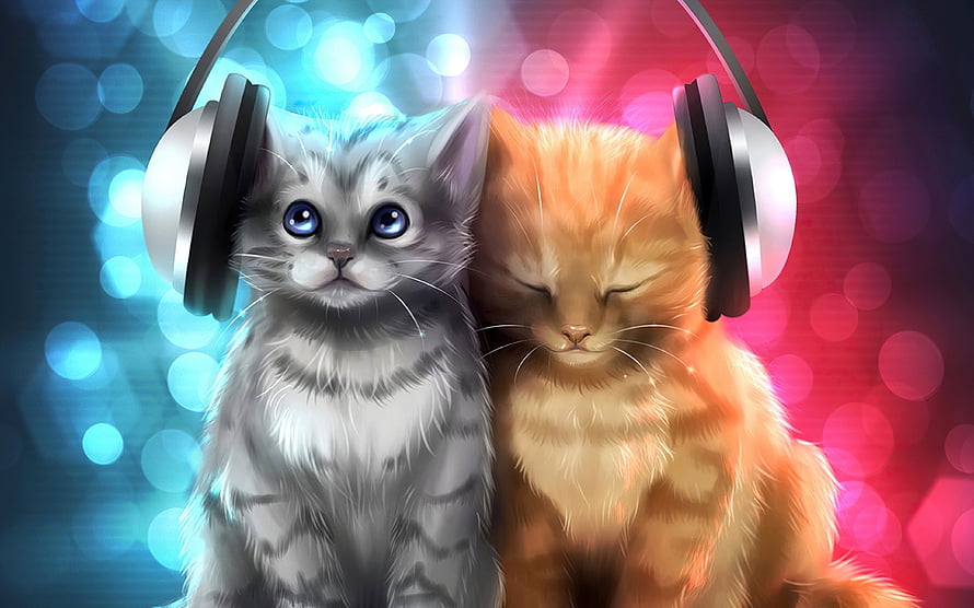Two fluffy kittens wearing headphones against a vibrant bokeh background HD wallpaper