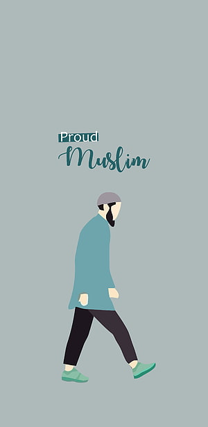 Minimalist illustration of a bearded man walking with Proud Muslim text on a muted grey background, Proud Muslim, allah, islam, islamic HD phone wallpaper