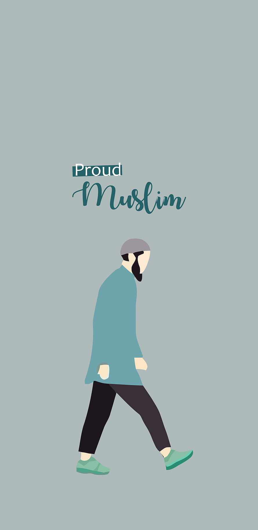 Minimalist illustration of a bearded man walking with Proud Muslim text on a muted grey background, Proud Muslim, allah, islam, islamic HD phone wallpaper