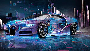 Bugatti Chiron with Anime Girl Hologram in Neon Cyberpunk City HD wallpaper