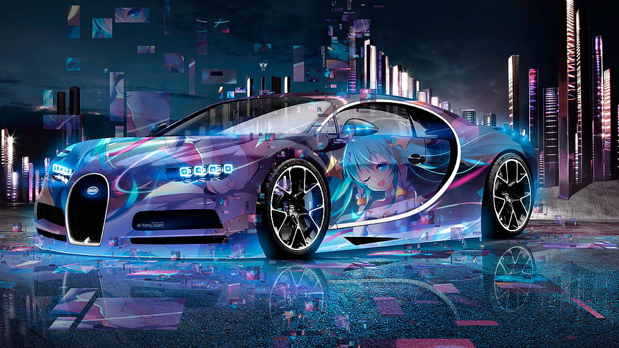 Bugatti Chiron with Anime Girl Hologram in Neon Cyberpunk City HD wallpaper