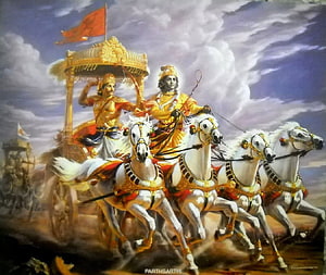 Krishna and Arjuna on the Divine Chariot in the Mahabharata War HD wallpaper