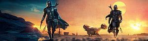 The Mandalorian and Din Djarin Walking Through Desert Dunes at Sunset HD wallpaper