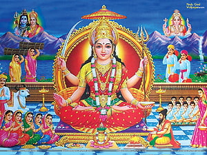 Santoshi Maa Seated on Golden Throne with Shiva Parvati and Ganesha in Traditional Indian Temple Art HD wallpaper