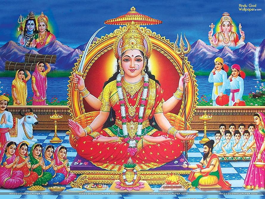 Santoshi Maa Seated on Golden Throne with Shiva Parvati and Ganesha in Traditional Indian Temple Art HD wallpaper