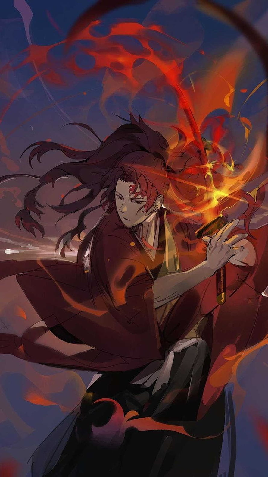 Yoriichi Tsugikuni wielding a flaming Nichirin blade in a dramatic Demon Slayer anime illustration HD phone wallpaper