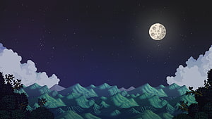 Stardew Valley Nighttime Mountain Landscape with Full Moon and Starry Sky HD wallpaper