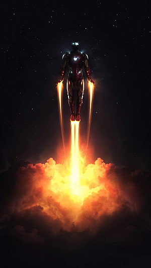 Iron Man Ascending Through Night Sky With Blazing Jet Flames and Clouds HD phone wallpaper