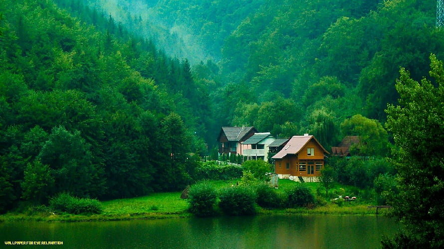 Serene Lakeside Cottages Nestled in Lush Green Forest Valley HD wallpaper