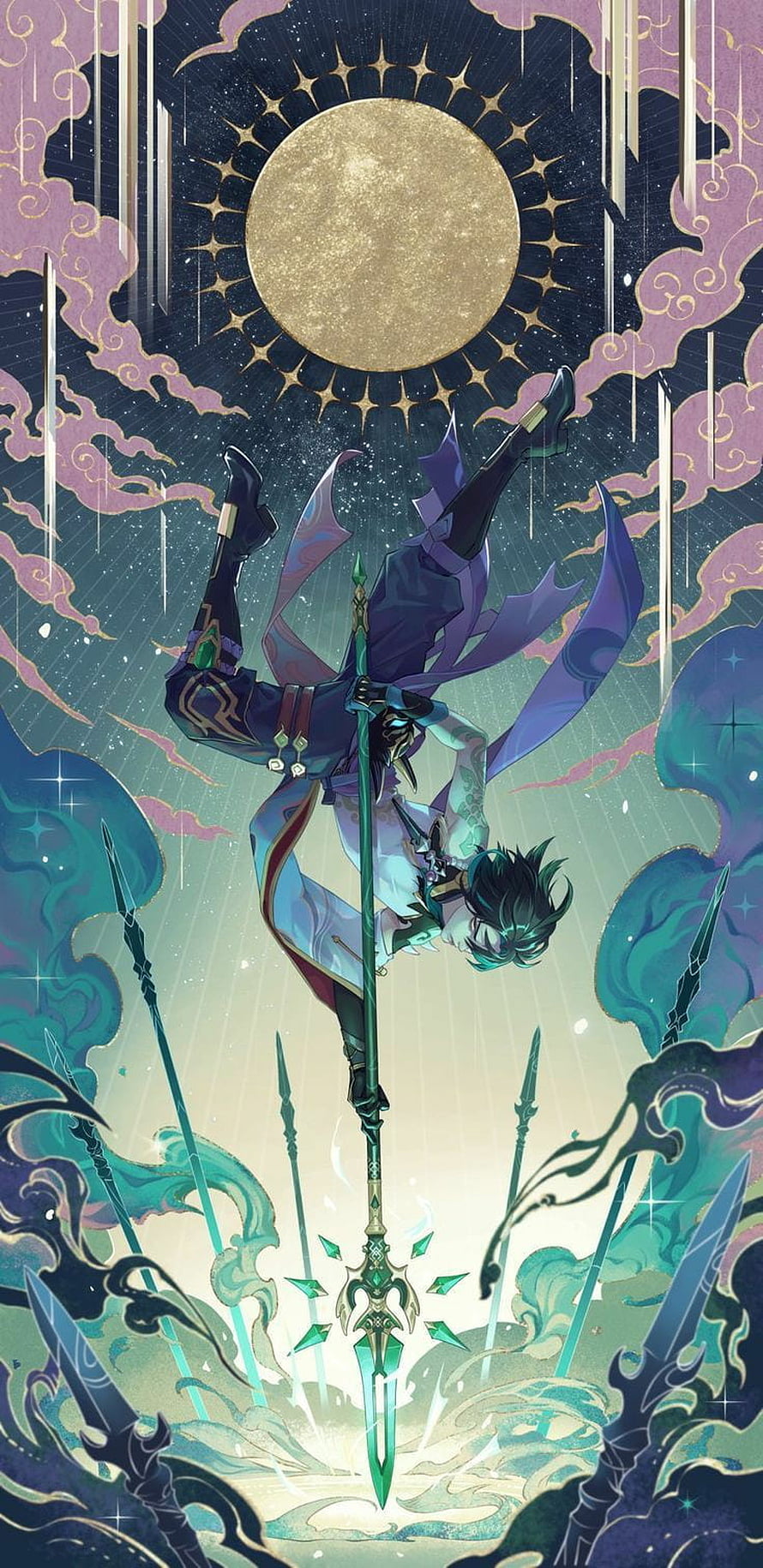 Adeptus Xiao from Genshin Impact in a dramatic inverted pose with a glowing green spear beneath a celestial moon HD phone wallpaper