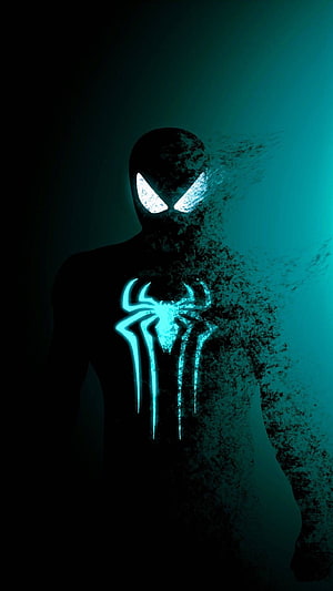 Spider-Man Noir Silhouette with Glowing Cyan Spider Emblem and Dissolving Ink Effect HD phone wallpaper