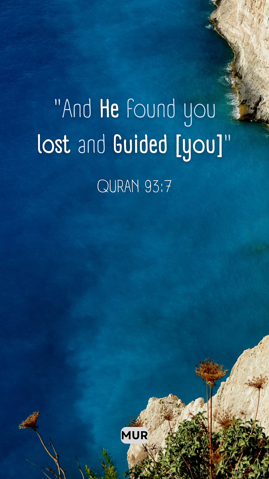 Serene Coastal Cliff View with Quran 93:7 Verse Over Deep Blue Sea HD phone wallpaper