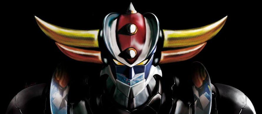 Goldrake Mecha Portrait with Golden Horns and Red Crest on Black Background HD wallpaper