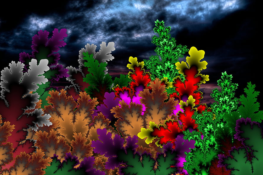 Vibrant Multicolored Fractal Flora Against a Dark Stormy Sky HD wallpaper
