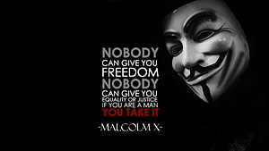 Guy Fawkes Mask with Malcolm X Quote on Black Background HD wallpaper