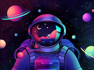 Neon Astronaut Helmet Reflection with Planets and Starry Space Illustration HD wallpaper