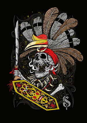 Dayak Warrior Skull with Hornbill Headdress and Traditional Shield Illustration HD phone wallpaper