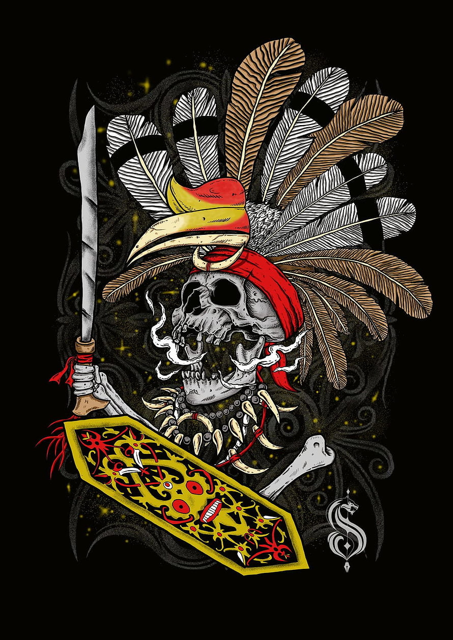 Dayak Warrior Skull with Hornbill Headdress and Traditional Shield Illustration HD phone wallpaper