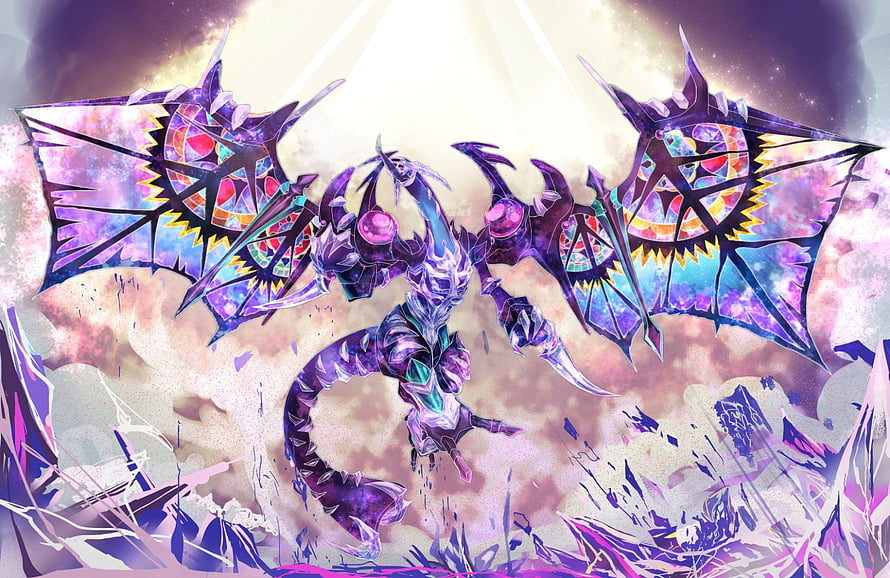 Dark Requiem Xyz Dragon from Yu-Gi-Oh! ARC-V with stained glass wings and cosmic energy HD wallpaper