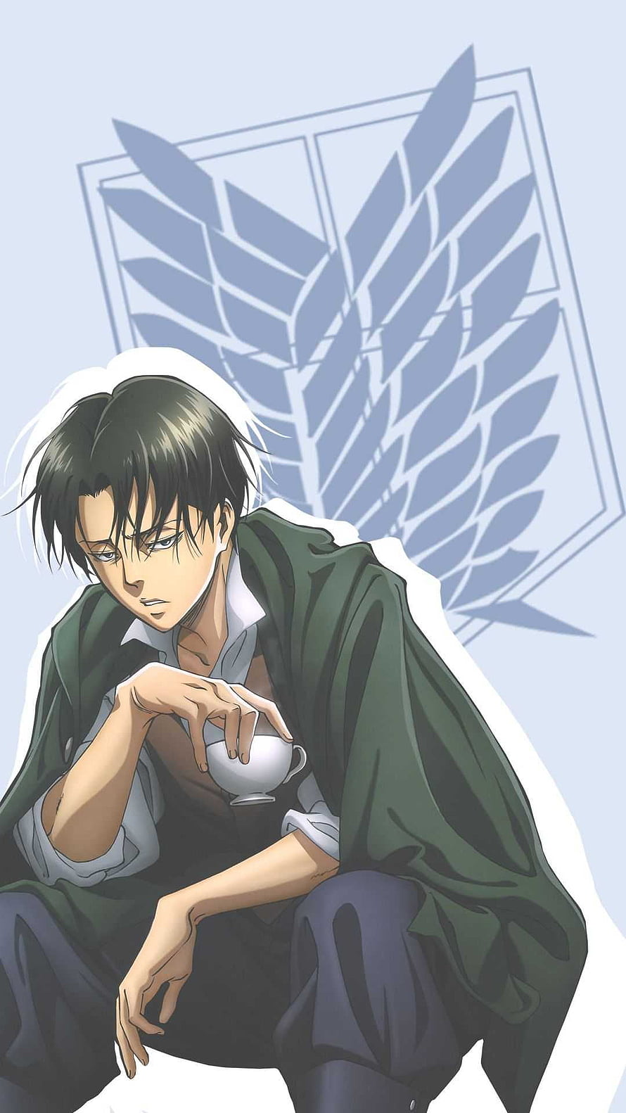 Levi Ackerman in Survey Corps Cloak Holding a Teacup with Wings of Freedom Emblem HD phone wallpaper