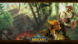 World of Warcraft Classic Fantasy Battle Scene with Warrior and Orc in Forest Ruins HD wallpaper