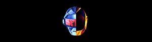 Low Poly Geometric Helmet with Split Blue and Orange Color Scheme on Black Background HD wallpaper