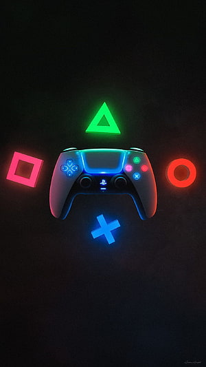PlayStation DualSense Controller with Neon Glowing Button Symbols on Dark Background HD phone wallpaper