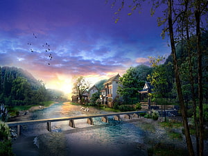 Charming Village at Sunset with Traditional Houses and a Wooden Bridge Over a Stream HD wallpaper