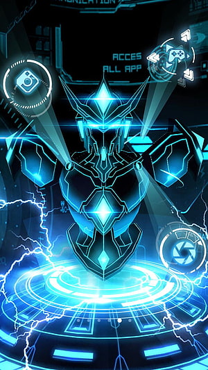 Glowing Blue Cybernetic Robot Armor with Neon Circuitry and Digital Interface Elements HD phone wallpaper