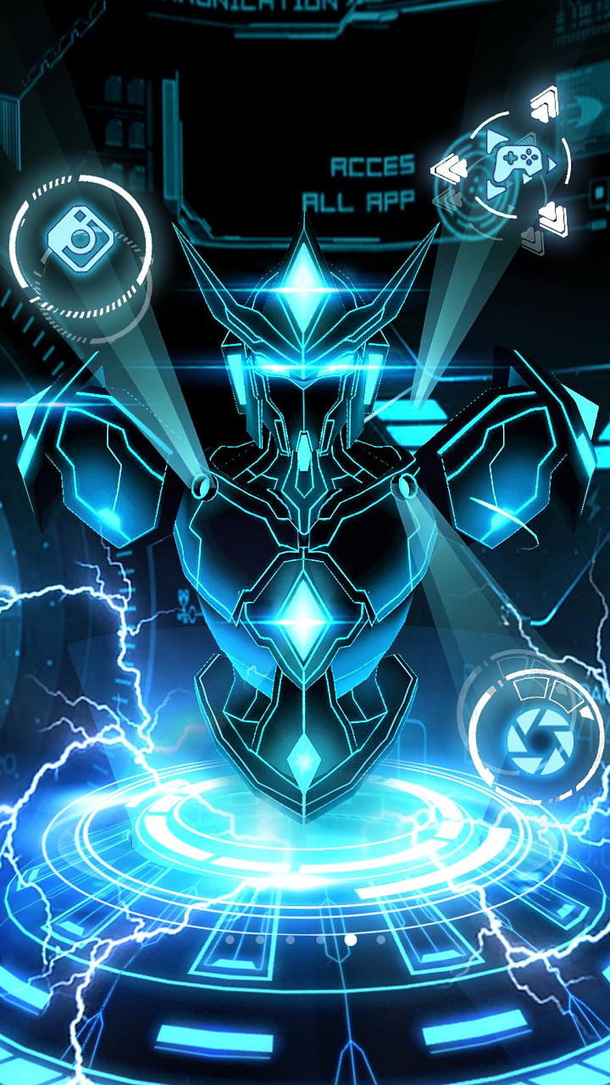 Glowing Blue Cybernetic Robot Armor with Neon Circuitry and Digital Interface Elements HD phone wallpaper