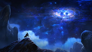 Aurelion Sol Gazing at a Cosmic Nebula in a Dark Fantasy Landscape HD wallpaper