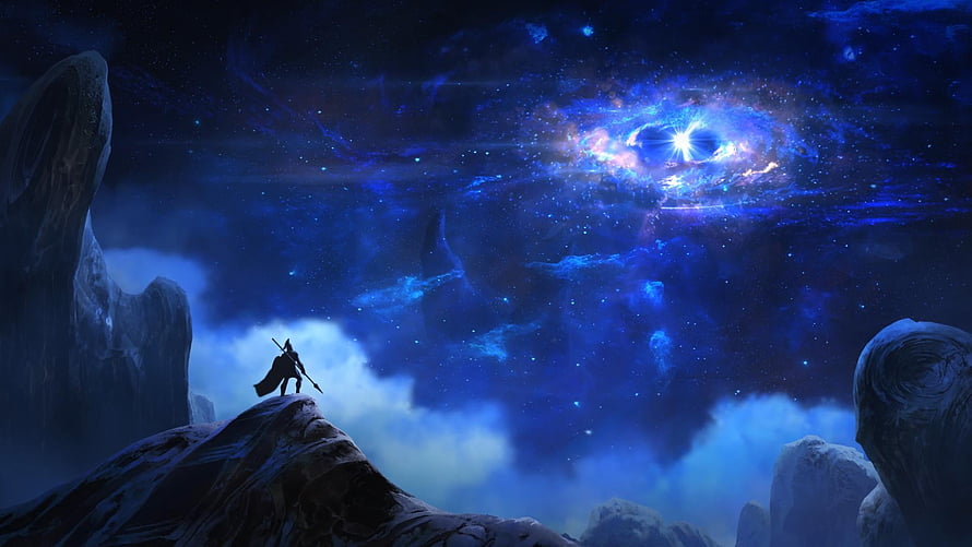 Aurelion Sol Gazing at a Cosmic Nebula in a Dark Fantasy Landscape HD wallpaper