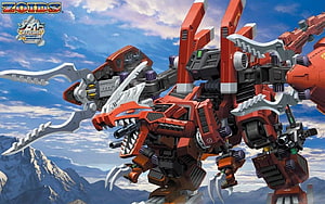 Zoids Red Mecha Robot with Scythe Weapons Against Mountain Skyline HD wallpaper