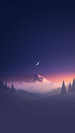Minimalist Mountain Landscape at Twilight with Crescent Moon and Starry Night Sky HD phone wallpaper