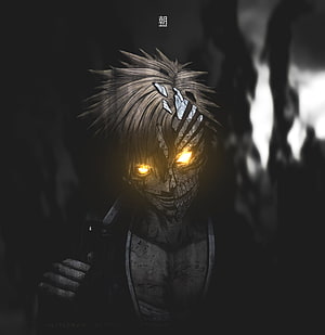 Ichigo Kurosaki Hollow Form with Glowing Eyes and Cracked Mask in Dark Atmosphere HD phone wallpaper