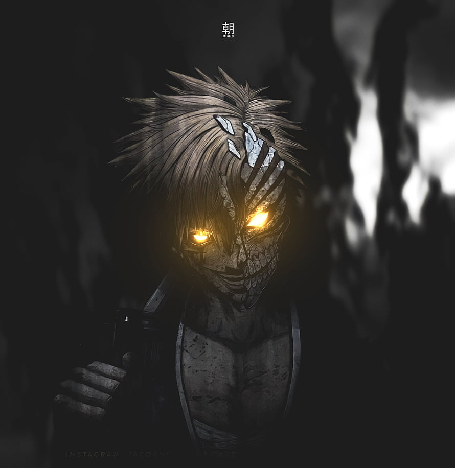 Ichigo Kurosaki Hollow Form with Glowing Eyes and Cracked Mask in Dark Atmosphere HD phone wallpaper