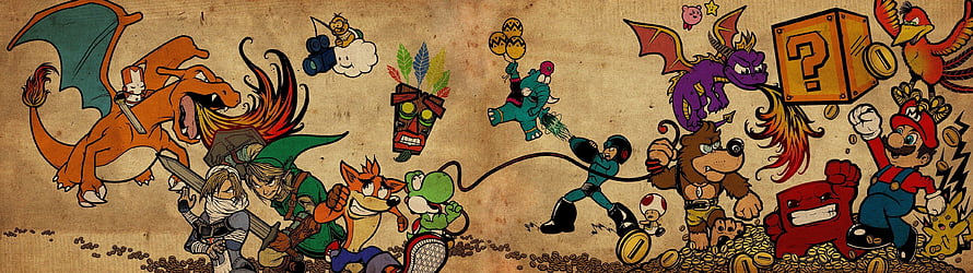 Retro Video Game Crossover Illustration Featuring Mario, Mega Man, and Classic Characters HD wallpaper