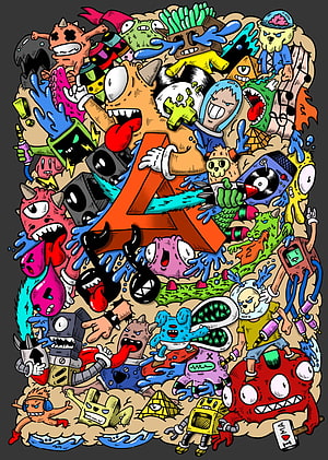 Colorful Doodle Art Illustration Featuring Chaotic Cartoon Monsters and Central Letter A HD phone wallpaper