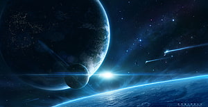 Cinematic Space Scene Featuring Earth, a Moon, and a Glowing Planet Horizon HD wallpaper