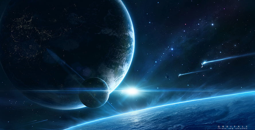 Cinematic Space Scene Featuring Earth, a Moon, and a Glowing Planet Horizon HD wallpaper