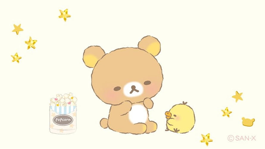 Rilakkuma and Korilakkuma with Popcorn and Stars on Cream Background HD wallpaper